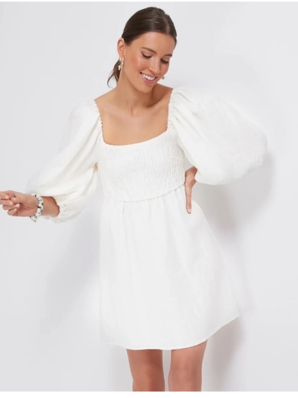 Tuckernuck White Annie Puff-Sleeve smocked Mini Dress